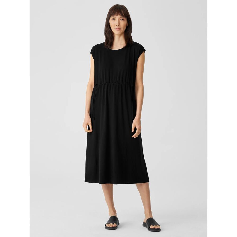 Eileen Fisher Black Fine Jersey Jewel Neck Cap‎ Sleeve Midi Dress Size S NWT